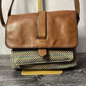 Fossil Crossbody Bag Brown Leather And Fabric Flap Shoulder Bag